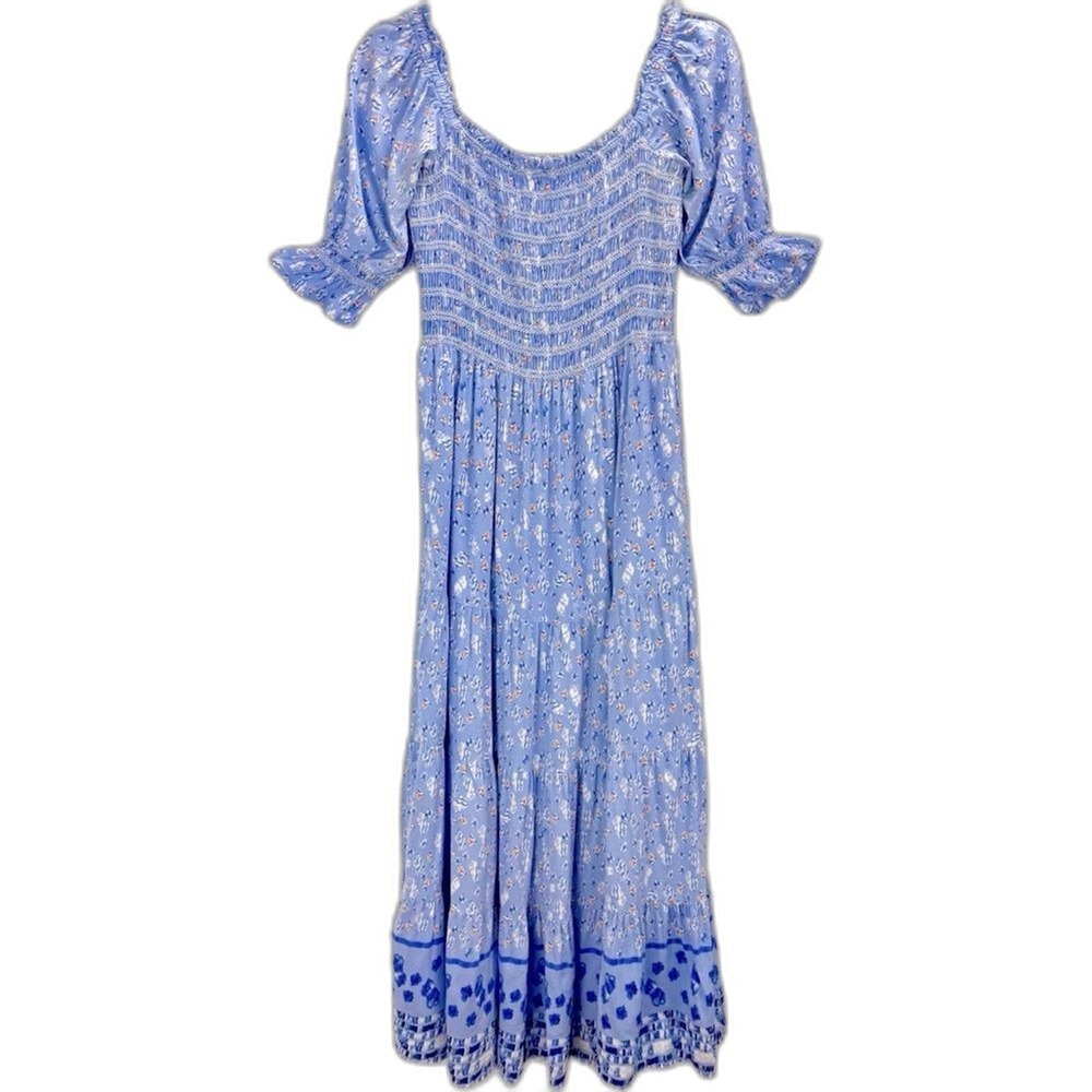 In Loom Blue Floral Maxi Dress Size Medium Boho Cottagecore Prairie‎ Elegance